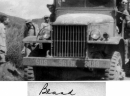 "Beard" and Do"Beard" and Douglas Runk driving a 96th Field Hospital truck "moving the 3rd Battalion -- 1st Trip." Truck provided by Service of Supply (SOS). Runk driving a 96th Field Hospital truck "moving the 3rd Battalion -- 1st Trip."