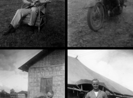 William Pribyl, 961st Petroleum Products Laboratory, in various poses in India: In front of tent, on motorcycle, reading a book, with a dog. During WWII.