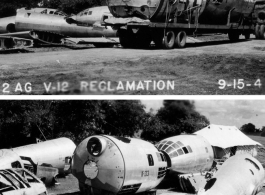 Salvage of damaged B-29 bomber parts in the CBI during WWII, September 15, 1944. "22 A G V-12 RECLAMATION."  Image from U. S. Government official sources.
