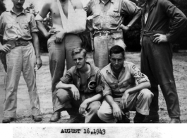 S/Sgts Tischendorf and Chibnik, 1st Lts. Zeidler, Perdue, Maj. McCarten, and Capt. Southworth, who had just returned to squadron after being forced down in Burma on their return from a mission on 12 August 1943.