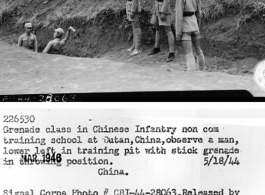 Grenade class in Chinese Infantry non com training school at Dutan, China, observe a man, lower left, in training pit with stick grenade in throwing position.  China. 18 May 1944