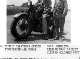 James C. Bowermaster poses with an unidentified Chinese soldier on his motorcycle on his way to Liuchow to photograph the former Japanese base there.