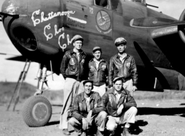 Unidentified aircrew members beside "Chattanooga Choo Choo", an 'experienced' B-25H, at Yangkai AB, China. This 491st Bomb Squadron aircraft carries the marking of many missions flown and two Japanese ships sunk. Possibly taken in the fall of 1944 or spring of '45.