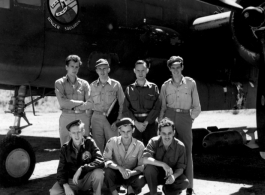 491st Bombardment Squadron crew stands before a B-25J at Yangkai AB, China in summer of 1944.  Left to right; back row: Lt. Walter P. Guest (cp), Capt Albert V. Toney (p), Lt Albert A. Barling, Jr. (n), Lt. Curtis A. Siria (b) front row: S/Sgt Ernest J. Ross (EG), T/Sgt Oliver D. Swanson (RG), S/Sgt Joe D. Josserand (AG)  (Info courtesy Tony Strotman)