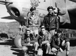 Air crew members of the 491st Bomb Squadron pose with the B-25H "Wabash Cannonball" at Yangkai, China. In back are Lt. Orlando W. Wood (pilot) and Lt. Walter H. Finne (pilot) with S/Sgt William H. Matthews (flight engineer), Cpl. George W. Burns (radio) and S/Sgt Robert M. Hickey (gunner) in the front.  (Information provided by Tony Strotman)