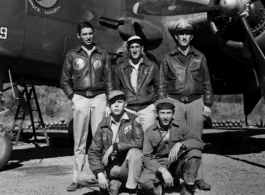 Posing with the B-25J #439, "Niagra\'s Belle", this air crew of the 491st Bomb Squadron includes (l-r, back) Capt. James E. Andrews (pilot), T/Sgt George A. Penny (flight engineer), Lt. Frank J. Belot (bombardier) and (l-r, front) T/Sgt John W. Schmidt (radio), S/Sgt David E. Williams (armorer-gunner). Photo was taken at Yangkai, China.  (Information provided by Tony Strotm