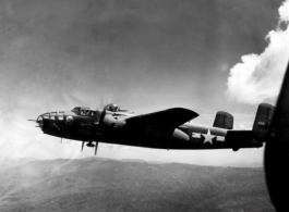A B-25J of the 491st Bomb Squadron  flying a mission over China.  Aircraft #439 was named "Niagra's Belle".  From the collection of Eugene Wozniak.