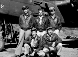 Posing beside B-25J # 439, "Niagra's Belle", of the 491st Bomb Squadron, are crewmembers; (left to right, back) Capt Kenneth R. Bridges (pilot), S/Sgt Joseph T. Young (flight engineer), Lt Arthur J. White, Jr., (bombardier); (front) T/Sgt James E. Starling and S/Sgt John H. McGee. Photo was taken at Yangkai, China.  Later Ken Bridges (January 19, 1945) and John McGee (April 2, 1945) were Killed In Action.