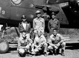 Aircrew poses  at Yangkai, China, beside the B-25J, #"439, of the 491st Bomb Squadron. In the rear are Lt. John Pillsbury (pilot), Lt. Charles H. Watts (p) and Lt. Thomas A. Jackson (navigator-bombardier). The enlisted members are S/Sg Arthur E. Workman (engineer), T/Sgt Robert W. Glaser (radio) and S/Sgt Jack M. Barnes (gunner).