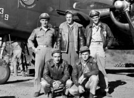 Aircrew of the 491st Bomb Squadron, in the revetment at Yangkai, China with B-25J #439. In front are (left-right) S/Sgt George K. Wilson (radio) and Pvt. Rowland G. Cox (gunner). Standing behind are (l-r) Capt. Alfred K. Patterson (pilot), S/Sgt Anthony E. Waskiewicz (engineer), Lt. Heinz H. Templin (pilot).