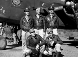 A squadron aircrew poses B-25J, #"439 of the 491st Bomb Squadron, at Yangkai, China. (left-right)  Rear; 1Lt Murtrie W. Dula (copilot); S/Sgt George E. Sisson (engineer), Capt. Thomas O. Coleman (pilot) front; S/Sgt William S. Gillis (radio) and S/Sgt John S. Morrison (gunner)