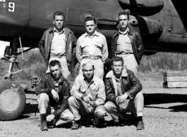 Photo opportunity with B-25J, #439, for these aircrew members of of the 491st Bomb Squadron at Yangkai, China.  The officers (rear) are Capt. Ralph P. Borgesson (pilot), Lt. Donald L. Dalton (copilot), Lt Paul W. Boeyink (bombardier) and in the front are S/Sgt Maynard T. Mann (engineer), T/Sgt Leonard C. Stamey (radio) and S/Sgt Mortn A. Giles (gunner).