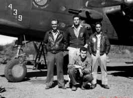 Some combat crewmen  of the 491st Bomb Squadron, with B-25J. #439, at Yangkai, China. They are Lt. Trent Biswell (pilot), Lt. Robert M. Blake (pilot), S/Sgt William J. Copeland (gunner) and S/Sgt Murray Bogel (gunner).