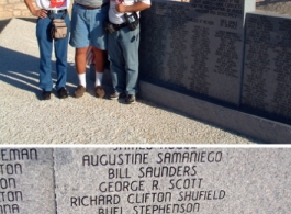 HUANG Xiling and SUN Hong with James Vaughn's cousin Jim Brunson in Bronte, Texas, at a memorial marker, in 2002. This was part of our project visit to learn more of the story of James Vaughn and the impact of his loss.  Photo by Patrick Lucas.