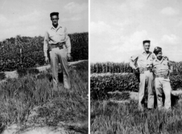 James Vaughn and Robert Zolbe pose in front of garden, including corn, in China during WWII.