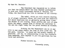 Purple Heart letter to the family of Walter G. Daniels regarding his loss in China during WWII.