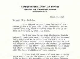 Government letter to the family of Walter G. Daniels regarding his loss in China during WWII.
