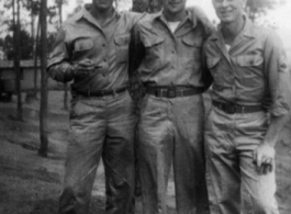 "Dick", Robert Fox, Francis E. Strotman pose in the pine at Yangkai air base, during WWII.