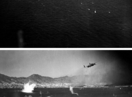 Looking back at a B-25 as it runs across Hong Kong harbor close to the deck in attack.