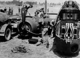 Chinese American Composite Wing (CACW)--2nd Bomb Squadron, plane #607, wheels up landing in 1944, probably at Hanchung, China. Tire blew out on take off.  Plane managed to stay up, then crash landed.