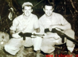 Staff Sgt John "JACK" Flynn (left) and friend in Burma during WWII.  He was a member of the 998th Signal Corp, and served duty in Central Burma. It was hard service, and Sgt. Flynn experienced illnesses, and was even kicked by a mule at one point.