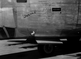 A C-109 based on the B-24 airframe named 'Jeanne' in the CBI during WWII. Serial #4251721. Five camels painted near pilot's window indicates five trips over the Hump.  From the collection of David Firman, 61st Air Service Group.
