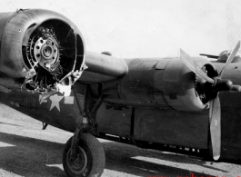 The B-24 "China Clipper" showing damage to engine.  Selig Seidler was a member of the 16th Combat Camera Unit in the CBI during WWII.