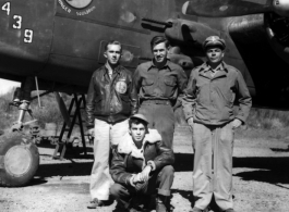 American servicemen with the B-25H "439", of the 491st Bomb Squadron, at Yangkai Air Base, Yunnan Province in the CBI.  In unknown order they are identified as Lt Vincent J. Piazza, Jr. (bombardier), S/Sgt Arthur E. Jones (negineer-gunner), T/Sgt Raymond G. Jeanes (radio- gunner) and T/Sgt Scott F. Mitchell (armorer-gunner).