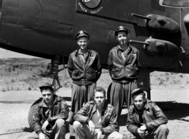 Crewmembers of the 491st Bombardment Squadron pose before a B-25J at Yangkai AB, China, probably taken in early 1944.  Front: T/Sgt Ronald W. Hirtle (radio), S/Sgt Chester R. Bigelow (?) (armorer), T/Sgt David E. Murphy (engineer)  Back:  Capt. George L. Velan (bombardier), Lt. Douglas H. Gassett (pilot)