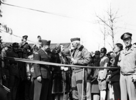 The American opera star Lily Pons stands between conductor Andre Kostelanetz, her husband, and Brigadier General Lewis A. Pick just prior to the formal ‘ribbon cutting’ ceremony demonstrating the completion of the Stilwell Road. On 4 February 1945 the first convoy from Ledo, with General Pick at the front, reached Kunming as firecrackers exploded, missionary nuns waved, and Chinese bands played. That night the governor of Yunnan Province gave a banquet with American operatic star Lily Pons and her husband, 