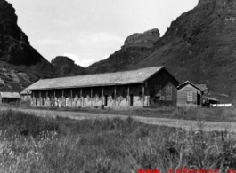 On of the barracks (hostels) used by U.S. Army Air Force personnel at Kweilin, China, prior to Sep. 1944.  From the collection of Hal Geer.