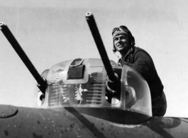 During WWII, T/Sgt. Douglas V. Radney of Mineola, Texas, poses by his turret position on top of his plane at an air base somewhere in China. January 1943. (Douglas Radney was an Engineer-Gunner; Doolittle Tokyo Raid crew #2)  Mr. Radney passed away in 1994. 