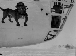 A dog poses with a B-24 which has a bulldog in hat as nose art.  In the CBI. From R. D. Lichty.