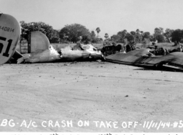 Take-off crash of 7th Bomb Group, 436th Bomb Squadron, B-24 on November 11, 1944. Tail number #440814. In Pandeveswar, India. Photo from W. A. Delahay.  In the CBI.