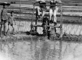 Chaplain Kelly and M. J. Hollman try out foot-powered water pump in a rice paddy in SW China during WWII, as members of farm family look on.