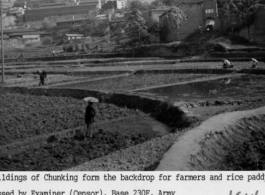 Buildings of Chongqing form the backdrop for farmers and rices paddies. 1944.  Photo from Harold L. Block.