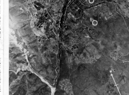 Aerial view of Namti (Namtu), Burma, anti-aircraft guns. 10th Air Force photo. WWII.