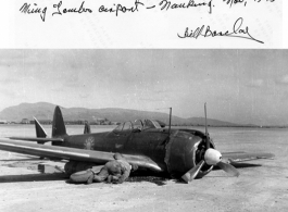 Japanese "Zero" (with Nationalist markings) hard on the ground after ground looping at the airport at Nanjing, China. November, 1945.  Photo from Bill Barclay.