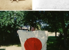 George Pollock holds a captured Japanese Good-Luck Flag  (寄せ書き日の丸)  in China in 1945 which flew over the Lungling battlefield, later given to Ron Pettus for museum.  Photos from George E. Pollock.
