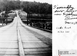  Irrawaddy River bridge near Myitkyina, Burma, on March 2, 1945. Ledo Road, miles 261.  Photo from Henry Behner.