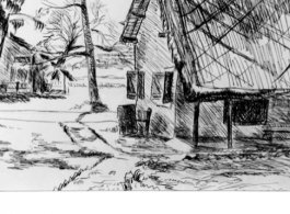 Sketch of Barrackpore Air Base, Calcutta, 1945. Sketch of farm house as seen from artist George W. Stern's basha veranda.