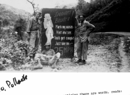 Road sign warning to control speed somewhere between China and India, during WWII. Left to right: George Villers, Atticus Harrison, and John Pysno.  Photo from George Pollock.
