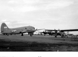 Two C-46's and a smaller aircraft at 1311th AAFBU at Gaya, India, during WWII.
