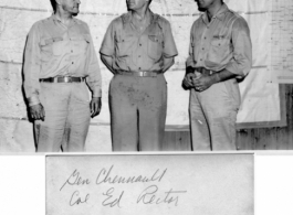 General Chennault and Colonel Ed Rector stand in front of map with another GI, during WWII.  Photo from M. J. Hollman.