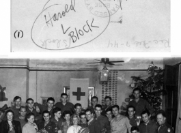 Most of the enlisted men (and a few women) at the China Theater Headquarters at Chongqing (Chungking) at Christmas, 1943. At Red Cross Club.   U. S. Signal Corps photo. From Harold L. Block.