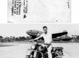 A GI rides a motorcycle at a base in the CBI, while a C-46 transport plane is parked in the background. 1944.  Photo from James H. Aurelius. 