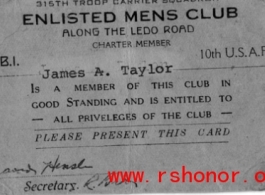 315th Troop Carrier Squadron enlisted men's club card for James A. Taylor, 10th Air Force.