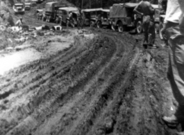 Truck convoy on the Ledo Road, mostly driven by members of the 172nd General Hospital Unit heading for Kunming, China, 1945.  Photo by Cpl. Douglas J. Davis.