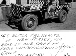 Sgt. Elmer Palkowitz, Radio Communication Service Group, 1311th AAFBU, Gaya, sitting in a black-white checked "Follow-Me" jeep in India during WWII.  Photo from R. F. Simpson.