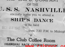 USS Nashville ship's company's invitation to Ship's Dance at the Shanghai Race Course Stadium on October 22, 1945, after WWII.